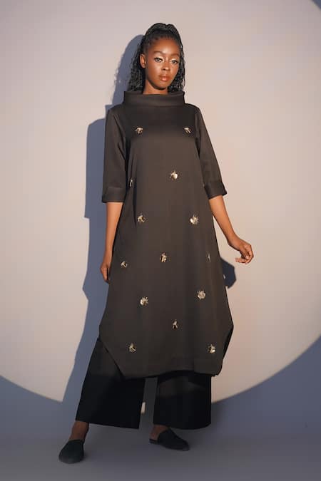 Taika By Poonam Bhagat Black Crepe Sequins, Beads High Neck Beetle Hand Embroidered Tunic 