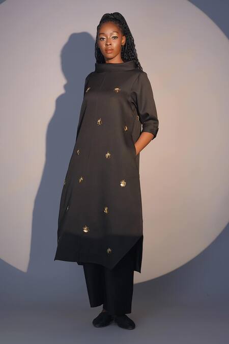 Taika By Poonam Bhagat Black Crepe Sequins, Beads High Neck Beetle Hand Embroidered Tunic Online at Aza Fashions Taika By Poonam Bhagat_Black Crepe Sequins, Beads High Neck Beetle Hand Embroidered Tunic _Online_at_Aza_Fashions