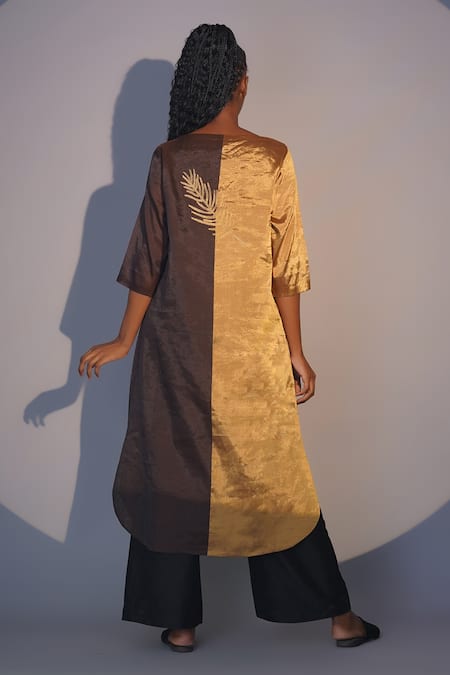 Shop Taika By Poonam Bhagat Gold Chanderi Embroidery Boat Neck And Brown Fern Tunic Set at Aza Fashions Shop_Taika By Poonam Bhagat_Gold Chanderi Embroidery Boat Neck And Brown Fern Tunic Set _at_Aza_Fashions