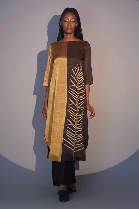 Taika By Poonam Bhagat Gold Chanderi Embroidery Boat Neck And Brown Fern Tunic Set Online at Aza Fashions Taika By Poonam Bhagat_Gold Chanderi Embroidery Boat Neck And Brown Fern Tunic Set _Online_at_Aza_Fashions