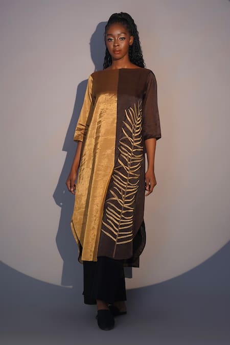 Buy Taika By Poonam Bhagat Gold Chanderi Embroidery Boat Neck And Brown Fern Tunic Set Online at Aza Fashions Buy_Taika By Poonam Bhagat_Gold Chanderi Embroidery Boat Neck And Brown Fern Tunic Set _Online_at_Aza_Fashions