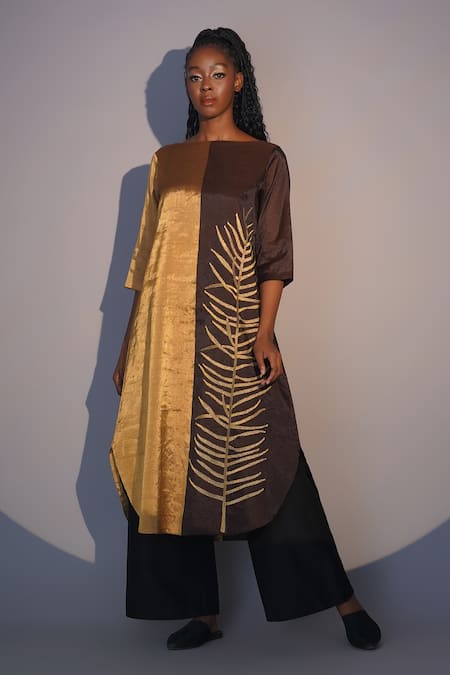 Shop Taika By Poonam Bhagat Gold Chanderi Embroidery Boat Neck And Brown Fern Tunic Set Online at Aza Fashions Shop_Taika By Poonam Bhagat_Gold Chanderi Embroidery Boat Neck And Brown Fern Tunic Set _Online_at_Aza_Fashions