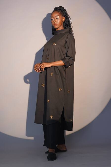Buy_Taika By Poonam Bhagat_Black Crepe Sequins, Beads Cowl Neck Firefly Hand Embroidered Tunic _Online_at_Aza_Fashions