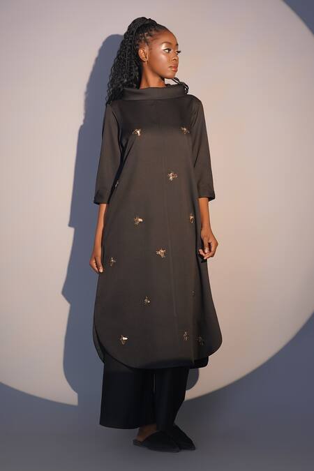 Shop Taika By Poonam Bhagat Black Crepe Sequins, Beads Cowl Neck Firefly Hand Embroidered Tunic Online at Aza Fashions Shop_Taika By Poonam Bhagat_Black Crepe Sequins, Beads Cowl Neck Firefly Hand Embroidered Tunic _Online_at_Aza_Fashions