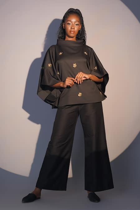Taika By Poonam Bhagat_Black Crepe Sequins, Beads Cowl Neck Beetle Hand Embroidered Kimono Top _Online_at_Aza_Fashions