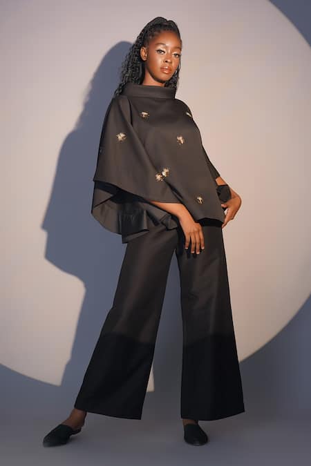 Buy_Taika By Poonam Bhagat_Black Crepe Sequins, Beads Cowl Neck Beetle Hand Embroidered Kimono Top _Online_at_Aza_Fashions