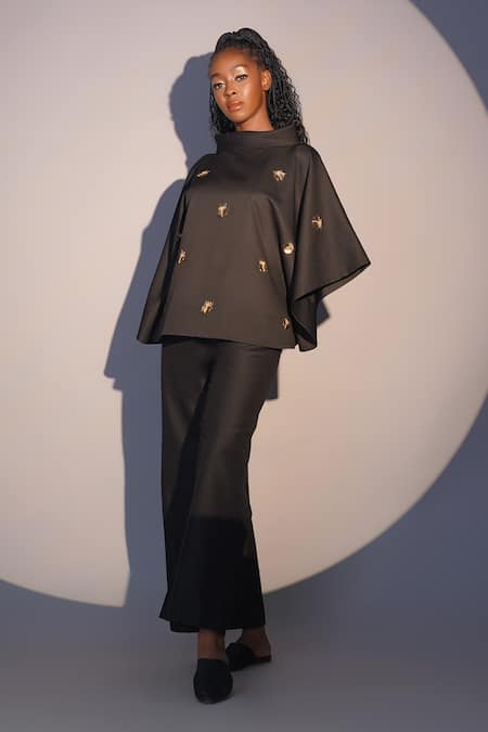 Shop_Taika By Poonam Bhagat_Black Crepe Sequins, Beads Cowl Neck Beetle Hand Embroidered Kimono Top _Online_at_Aza_Fashions