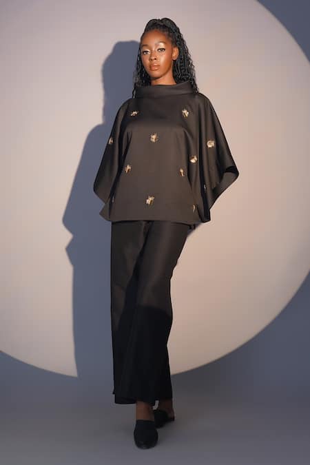 Taika By Poonam Bhagat_Black Crepe Sequins, Beads Cowl Neck Beetle Hand Embroidered Kimono Top _at_Aza_Fashions