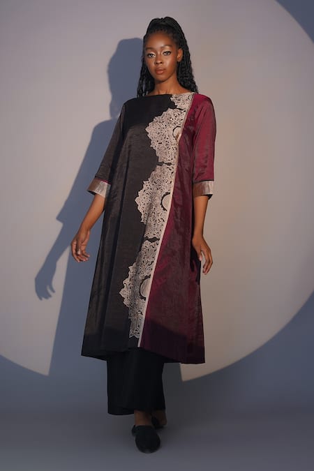 Shop_Taika By Poonam Bhagat_Black Chanderi Embroidery Boat Neck Mukut Panelled Tunic And Pant Set _Online_at_Aza_Fashions