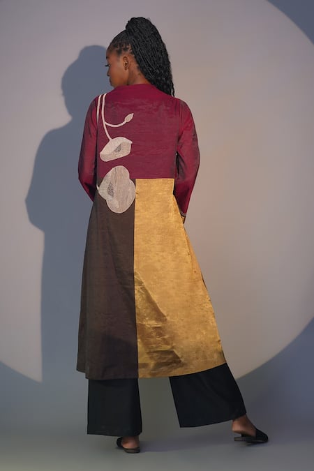 Shop Taika By Poonam Bhagat Multi Color Chanderi Embroidery Split V-neck Lotus Tunic And Pant Set at Aza Fashions Shop_Taika By Poonam Bhagat_Multi Color Chanderi Embroidery Split V-neck Lotus Tunic And Pant Set _at_Aza_Fashions