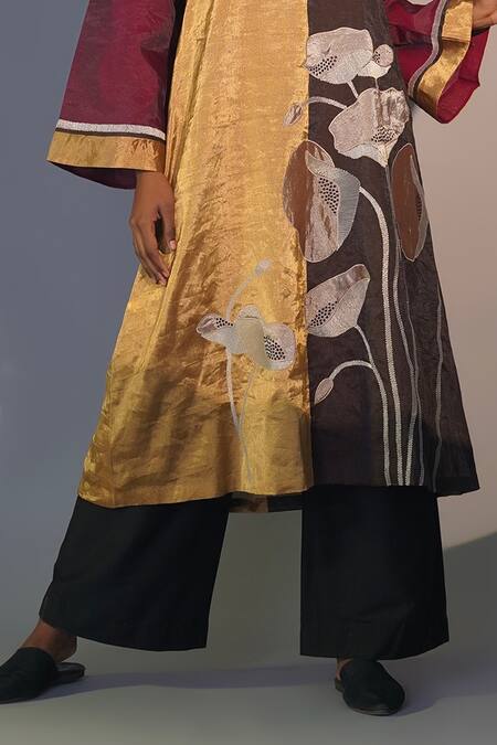 Taika By Poonam Bhagat Multi Color Chanderi Embroidery Split V-neck Lotus Tunic And Pant Set Online at Aza Fashions Taika By Poonam Bhagat_Multi Color Chanderi Embroidery Split V-neck Lotus Tunic And Pant Set _Online_at_Aza_Fashions