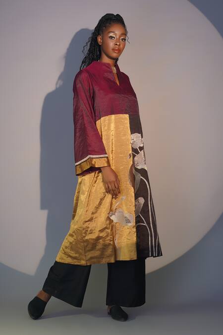 Buy Taika By Poonam Bhagat Multi Color Chanderi Embroidery Split V-neck Lotus Tunic And Pant Set Online at Aza Fashions Buy_Taika By Poonam Bhagat_Multi Color Chanderi Embroidery Split V-neck Lotus Tunic And Pant Set _Online_at_Aza_Fashions