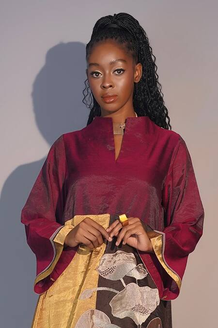 Shop Taika By Poonam Bhagat Multi Color Chanderi Embroidery Split V-neck Lotus Tunic And Pant Set Online at Aza Fashions Shop_Taika By Poonam Bhagat_Multi Color Chanderi Embroidery Split V-neck Lotus Tunic And Pant Set _Online_at_Aza_Fashions