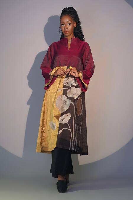 Taika By Poonam Bhagat Multi Color Chanderi Embroidery Split V-neck Lotus Tunic And Pant Set at Aza Fashions Taika By Poonam Bhagat_Multi Color Chanderi Embroidery Split V-neck Lotus Tunic And Pant Set _at_Aza_Fashions