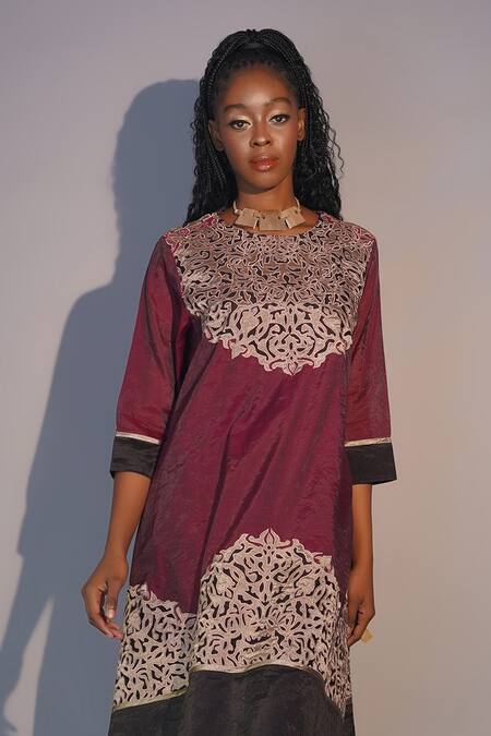 Buy Taika By Poonam Bhagat Red Chanderi Embroidery Round Neck Mukut Tunic And Pant Set Online at Aza Fashions Buy_Taika By Poonam Bhagat_Red Chanderi Embroidery Round Neck Mukut Tunic And Pant Set _Online_at_Aza_Fashions