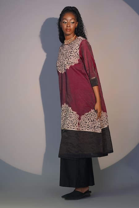 Shop Taika By Poonam Bhagat Red Chanderi Embroidery Round Neck Mukut Tunic And Pant Set Online at Aza Fashions Shop_Taika By Poonam Bhagat_Red Chanderi Embroidery Round Neck Mukut Tunic And Pant Set _Online_at_Aza_Fashions