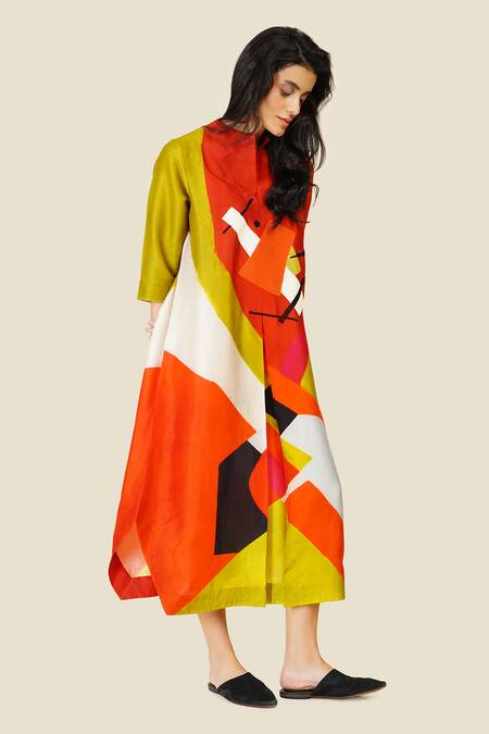 Shop Taika By Poonam Bhagat Multi Color Silk Embroidery Round Neck Multicolor Abstract Print Tunic Online at Aza Fashions Shop_Taika By Poonam Bhagat_Multi Color Silk Embroidery Round Neck Multicolor Abstract Print Tunic _Online_at_Aza_Fashions