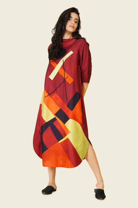 Shop Taika By Poonam Bhagat Multi Color Silk Embroidery Cowl Neck Geometric Dori Tunic Online at Aza Fashions Shop_Taika By Poonam Bhagat_Multi Color Silk Embroidery Cowl Neck Geometric Dori Tunic _Online_at_Aza_Fashions