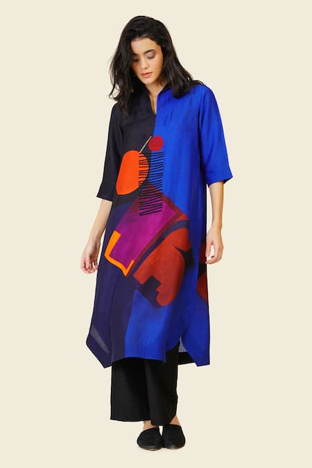 Taika By Poonam Bhagat Multi Color Silk, Cotton Embroidery High Neck Geometric Dori Tunic Online at Aza Fashions Taika By Poonam Bhagat_Multi Color Silk, Cotton Embroidery High Neck Geometric Dori Tunic _Online_at_Aza_Fashions