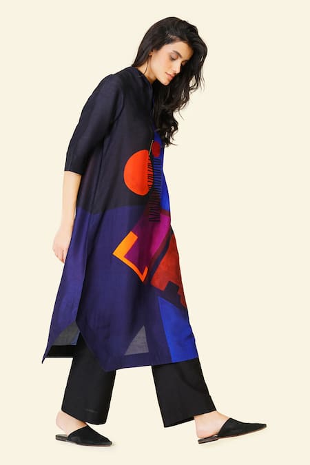 Shop Taika By Poonam Bhagat Multi Color Silk, Cotton Embroidery High Neck Geometric Dori Tunic Online at Aza Fashions Shop_Taika By Poonam Bhagat_Multi Color Silk, Cotton Embroidery High Neck Geometric Dori Tunic _Online_at_Aza_Fashions