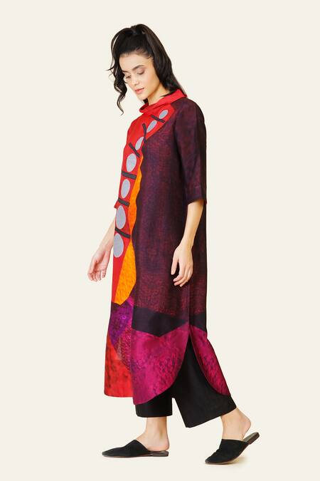 Shop Taika By Poonam Bhagat Multi Color Silk Diamonds Cowl Neck Geometric Print Dori Embroidered Tunic Online at Aza Fashions Shop_Taika By Poonam Bhagat_Multi Color Silk Diamonds Cowl Neck Geometric Print Dori Embroidered Tunic _Online_at_Aza_Fashions