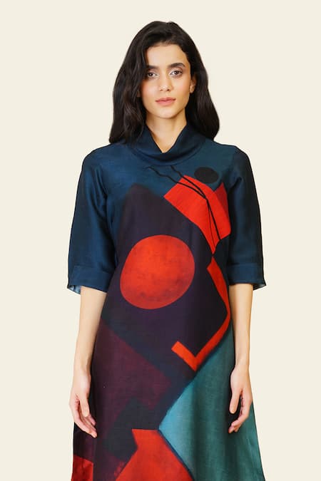 Taika By Poonam Bhagat_Multi Color Silk Embroidery Cowl Neck Multicolor Artwork Print Tunic _Online_at_Aza_Fashions