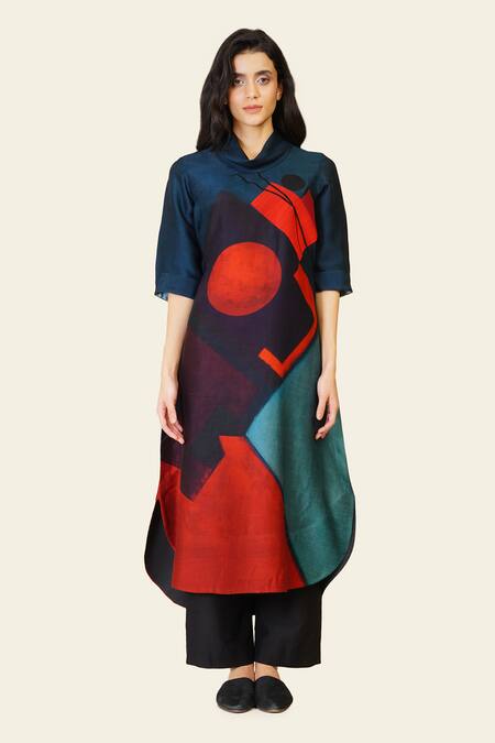 Buy_Taika By Poonam Bhagat_Multi Color Silk Embroidery Cowl Neck Multicolor Artwork Print Tunic _Online_at_Aza_Fashions