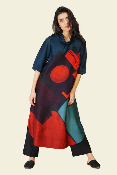 Shop_Taika By Poonam Bhagat_Multi Color Silk Embroidery Cowl Neck Multicolor Artwork Print Tunic _Online_at_Aza_Fashions