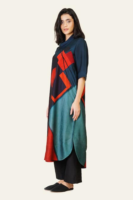 Taika By Poonam Bhagat_Multi Color Silk Embroidery Cowl Neck Multicolor Artwork Print Tunic _at_Aza_Fashions
