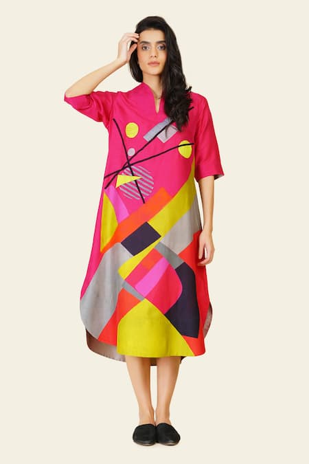 Taika By Poonam Bhagat Multi Color Silk Embroidery High Neck Geometric Resham Tunic Online at Aza Fashions Taika By Poonam Bhagat_Multi Color Silk Embroidery High Neck Geometric Resham Tunic _Online_at_Aza_Fashions