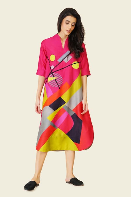 Buy Taika By Poonam Bhagat Multi Color Silk Embroidery High Neck Geometric Resham Tunic Online at Aza Fashions Buy_Taika By Poonam Bhagat_Multi Color Silk Embroidery High Neck Geometric Resham Tunic _Online_at_Aza_Fashions