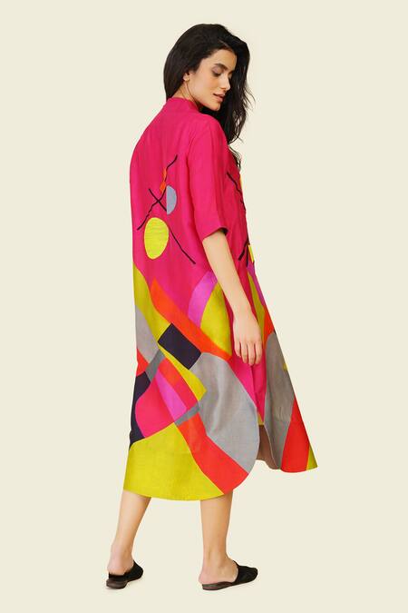 Shop Taika By Poonam Bhagat Multi Color Silk Embroidery High Neck Geometric Resham Tunic Online at Aza Fashions Shop_Taika By Poonam Bhagat_Multi Color Silk Embroidery High Neck Geometric Resham Tunic _Online_at_Aza_Fashions