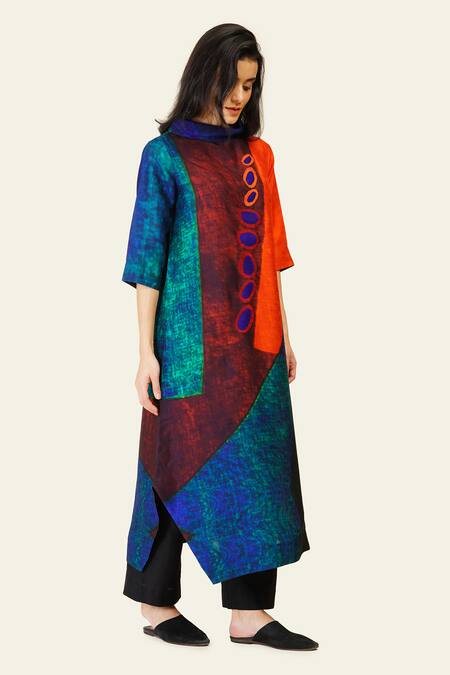 Taika By Poonam Bhagat_Multi Color Silk Embroidery Cowl Neck Multicolor Abstract Printed Tunic _Online_at_Aza_Fashions