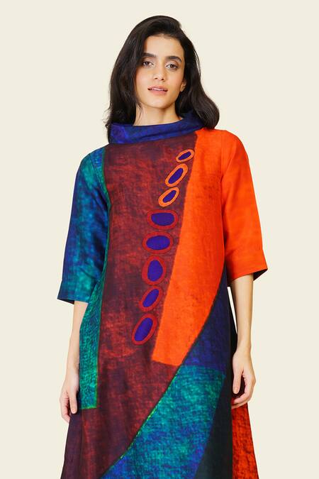 Buy_Taika By Poonam Bhagat_Multi Color Silk Embroidery Cowl Neck Multicolor Abstract Printed Tunic _Online_at_Aza_Fashions