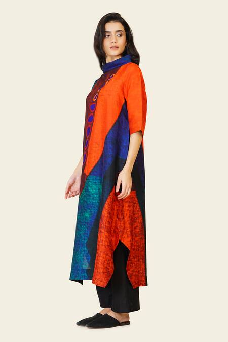 Shop_Taika By Poonam Bhagat_Multi Color Silk Embroidery Cowl Neck Multicolor Abstract Printed Tunic _Online_at_Aza_Fashions