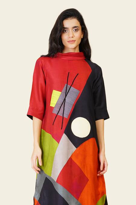 Buy Taika By Poonam Bhagat Multi Color Silk Embroidery Cowl Neck Abstract Print Tunic Online at Aza Fashions Buy_Taika By Poonam Bhagat_Multi Color Silk Embroidery Cowl Neck Abstract Print Tunic _Online_at_Aza_Fashions
