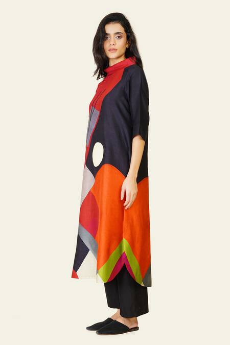 Shop Taika By Poonam Bhagat Multi Color Silk Embroidery Cowl Neck Abstract Print Tunic Online at Aza Fashions Shop_Taika By Poonam Bhagat_Multi Color Silk Embroidery Cowl Neck Abstract Print Tunic _Online_at_Aza_Fashions