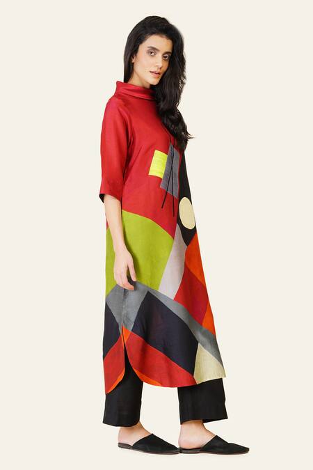 Taika By Poonam Bhagat Multi Color Silk Embroidery Cowl Neck Abstract Print Tunic at Aza Fashions Taika By Poonam Bhagat_Multi Color Silk Embroidery Cowl Neck Abstract Print Tunic _at_Aza_Fashions