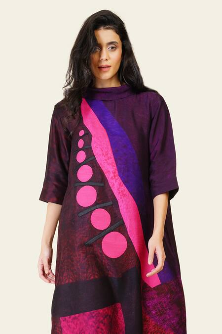 Taika By Poonam Bhagat Multi Color Silk Embroidery Cowl Neck Multicolor Geometric Print Tunic Online at Aza Fashions Taika By Poonam Bhagat_Multi Color Silk Embroidery Cowl Neck Multicolor Geometric Print Tunic _Online_at_Aza_Fashions