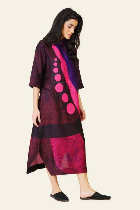 Shop Taika By Poonam Bhagat Multi Color Silk Embroidery Cowl Neck Multicolor Geometric Print Tunic Online at Aza Fashions Shop_Taika By Poonam Bhagat_Multi Color Silk Embroidery Cowl Neck Multicolor Geometric Print Tunic _Online_at_Aza_Fashions