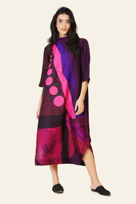 Taika By Poonam Bhagat Multi Color Silk Embroidery Cowl Neck Multicolor Geometric Print Tunic at Aza Fashions Taika By Poonam Bhagat_Multi Color Silk Embroidery Cowl Neck Multicolor Geometric Print Tunic _at_Aza_Fashions