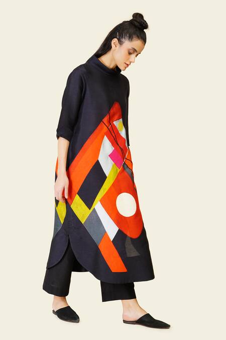 Shop Taika By Poonam Bhagat Multi Color Silk Embroidery Cowl Neck Multicolor Square Print Tunic Online at Aza Fashions Shop_Taika By Poonam Bhagat_Multi Color Silk Embroidery Cowl Neck Multicolor Square Print Tunic _Online_at_Aza_Fashions