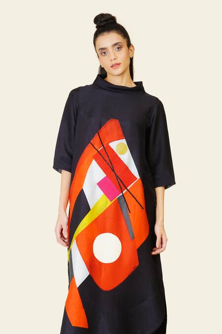 Taika By Poonam Bhagat Multi Color Silk Embroidery Cowl Neck Multicolor Square Print Tunic at Aza Fashions Taika By Poonam Bhagat_Multi Color Silk Embroidery Cowl Neck Multicolor Square Print Tunic _at_Aza_Fashions