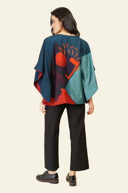 Shop Taika By Poonam Bhagat Multi Color Silk Embroidery Boat Neck Multicolor Abstract Print Top at Aza Fashions Shop_Taika By Poonam Bhagat_Multi Color Silk Embroidery Boat Neck Multicolor Abstract Print Top _at_Aza_Fashions