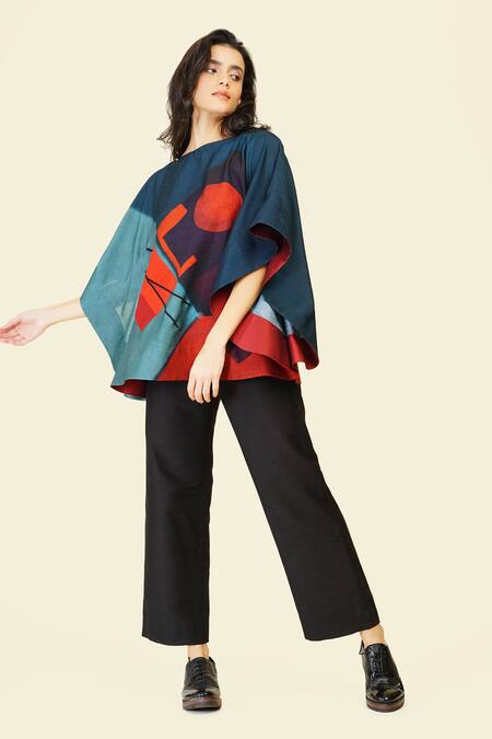 Taika By Poonam Bhagat Multi Color Silk Embroidery Boat Neck Multicolor Abstract Print Top Online at Aza Fashions Taika By Poonam Bhagat_Multi Color Silk Embroidery Boat Neck Multicolor Abstract Print Top _Online_at_Aza_Fashions