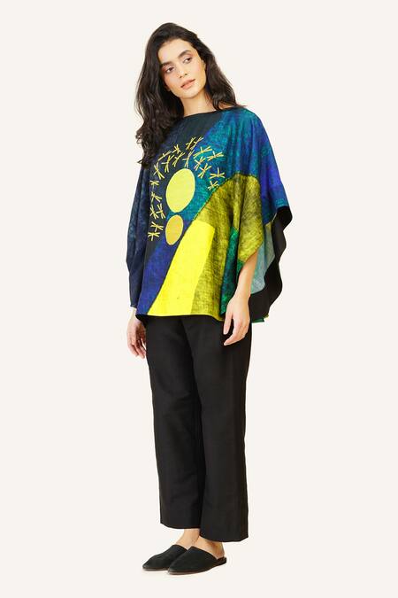 Taika By Poonam Bhagat Multi Color Silk Embroidery Boat Neck Multicolor Geometric Print Top Online at Aza Fashions Taika By Poonam Bhagat_Multi Color Silk Embroidery Boat Neck Multicolor Geometric Print Top _Online_at_Aza_Fashions