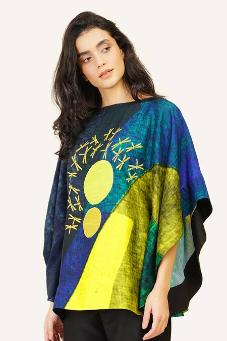 Shop Taika By Poonam Bhagat Multi Color Silk Embroidery Boat Neck Multicolor Geometric Print Top Online at Aza Fashions Shop_Taika By Poonam Bhagat_Multi Color Silk Embroidery Boat Neck Multicolor Geometric Print Top _Online_at_Aza_Fashions