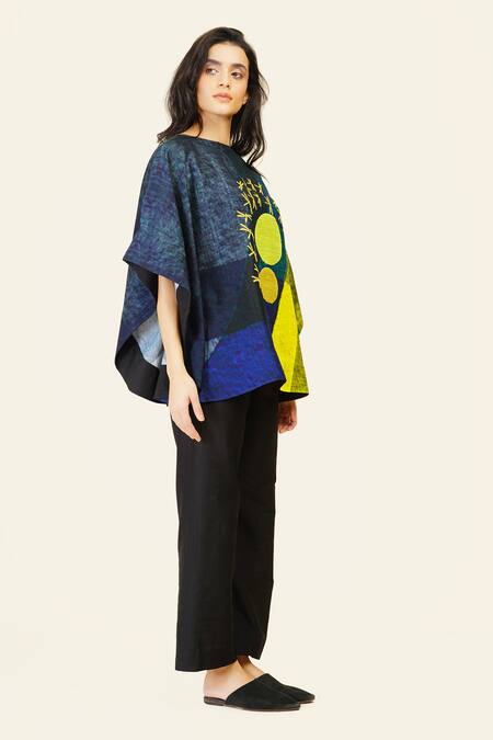 Taika By Poonam Bhagat Multi Color Silk Embroidery Boat Neck Multicolor Geometric Print Top at Aza Fashions Taika By Poonam Bhagat_Multi Color Silk Embroidery Boat Neck Multicolor Geometric Print Top _at_Aza_Fashions