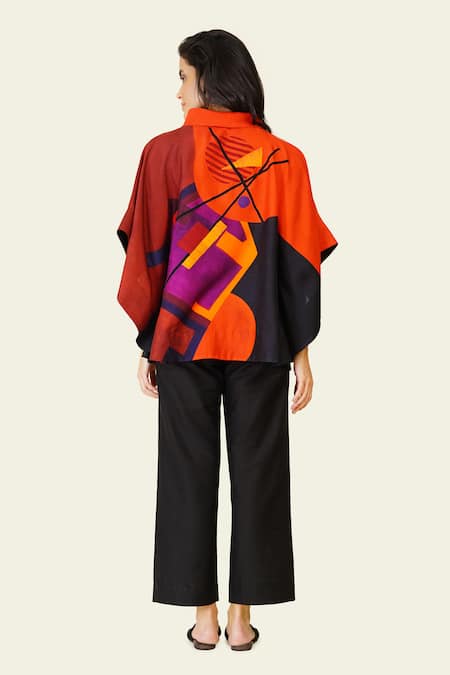 Shop Taika By Poonam Bhagat Multi Color Silk Embroidery Cowl Neck Multicolor Geometric Shape Print Top at Aza Fashions Shop_Taika By Poonam Bhagat_Multi Color Silk Embroidery Cowl Neck Multicolor Geometric Shape Print Top _at_Aza_Fashions