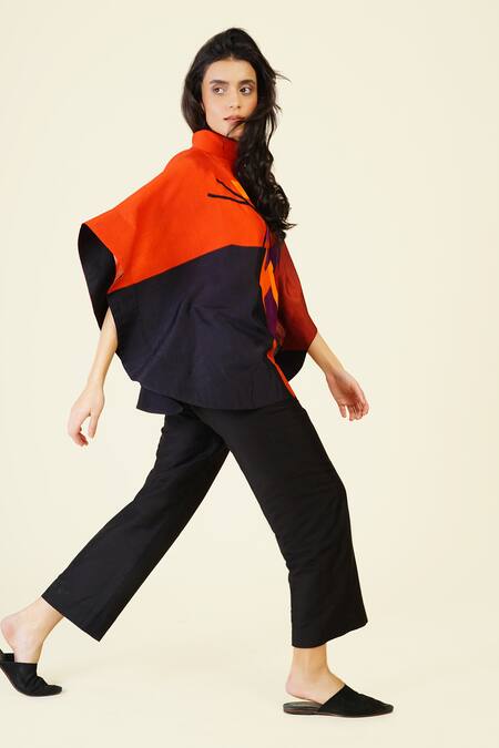 Shop Taika By Poonam Bhagat Multi Color Silk Embroidery Cowl Neck Multicolor Geometric Shape Print Top Online at Aza Fashions Shop_Taika By Poonam Bhagat_Multi Color Silk Embroidery Cowl Neck Multicolor Geometric Shape Print Top _Online_at_Aza_Fashions